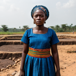 **

A Ghanaian woman, fully clothed in modest traditional attire, stands in front of a deforested landscape. Show eroded soil and a dried-up riverbed in the background. She looks concerned. Safe for work, appropriate content, perfect anatomy, natural proportions, professional photography, high quality.

**