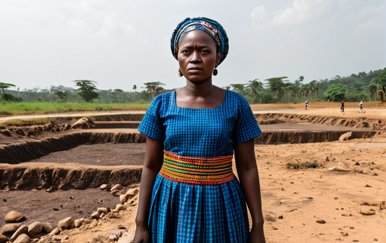 **
A Ghanaian woman, fully clothed in modest traditional attire, stands in front of a deforested landscape. Show eroded soil and a dried-up riverbed in the background. She looks concerned. Safe for work, appropriate content, perfect anatomy, natural proportions, professional photography, high quality.
**