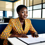 **

A professional Ghanaian businesswoman in a vibrant, Ankara print business suit, sitting at a modern desk in a bright, open-plan office in Accra, Ghana. Sunlight streams through large windows. Fully clothed, appropriate attire, safe for work, perfect anatomy, natural proportions, professional photography, high quality. Modern African art on the walls.

**