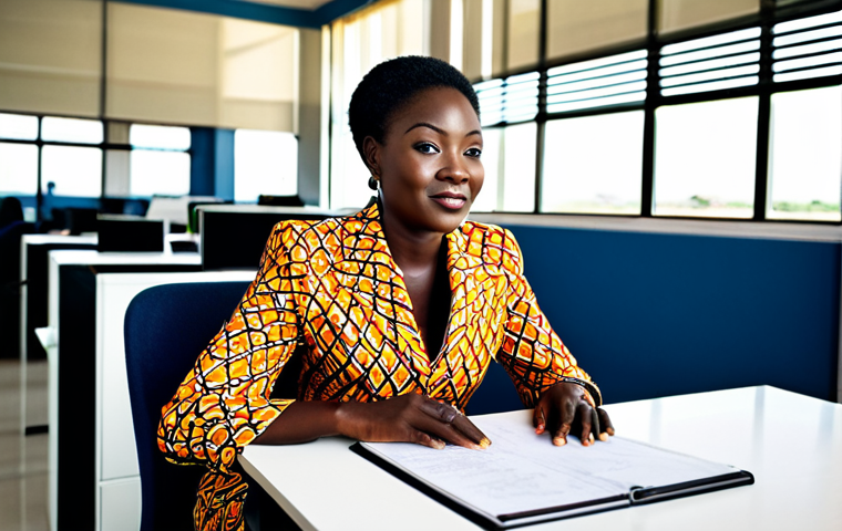 **
A professional Ghanaian businesswoman in a vibrant, Ankara print business suit, sitting at a modern desk in a bright, open-plan office in Accra, Ghana. Sunlight streams through large windows. Fully clothed, appropriate attire, safe for work, perfect anatomy, natural proportions, professional photography, high quality. Modern African art on the walls.
**