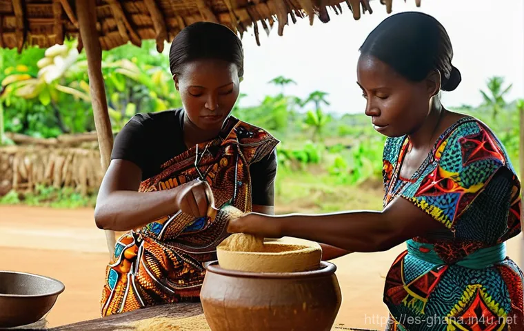 가나 전통 요리 종류 및 특징 - **Prompt 1: Traditional Fufu Preparation in a Ghanaian Village**
    "A vibrant and detailed image o...