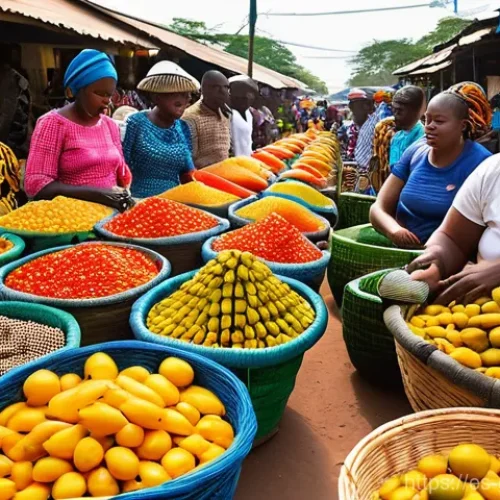 가나에서 가장 큰 시장과 쇼핑몰 - **Vibrant Ghanaian Street Market Immersion:**
    "A bustling, open-air market in Ghana, teeming wit...