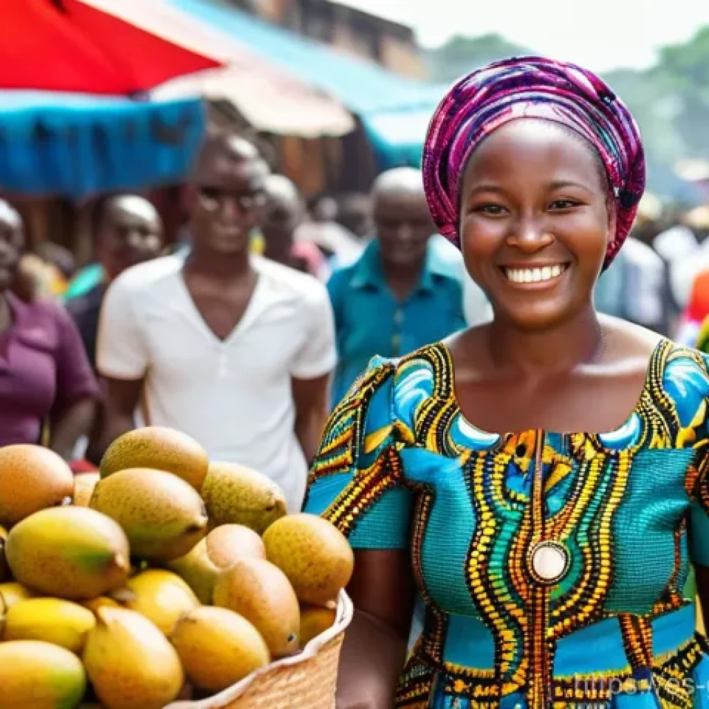 가나에서 환전하는 방법 - **Vibrant Ghanaian Market Cash Transaction:** A bustling, sun-drenched open-air market scene in a li...