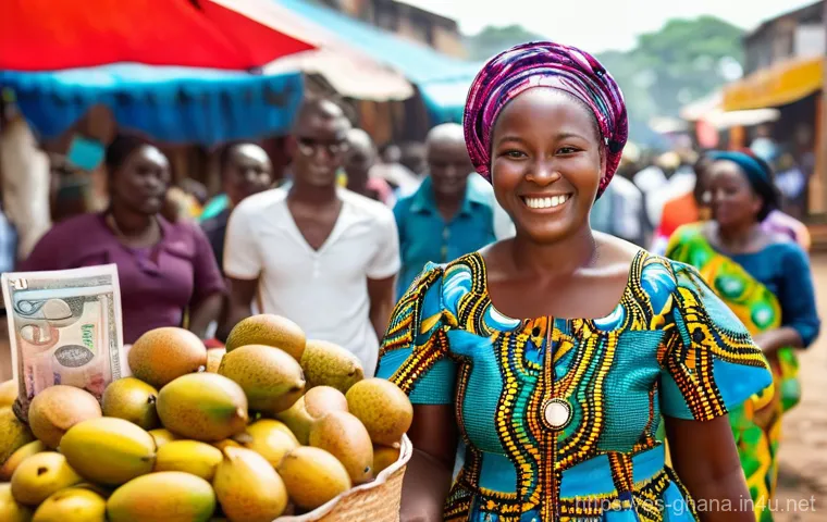 가나에서 환전하는 방법 - **Vibrant Ghanaian Market Cash Transaction:** A bustling, sun-drenched open-air market scene in a li...