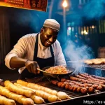 가나 거리 음식 추천 - A bustling Ghanaian street food market scene at dusk, featuring a lively vendor grilling traditional...