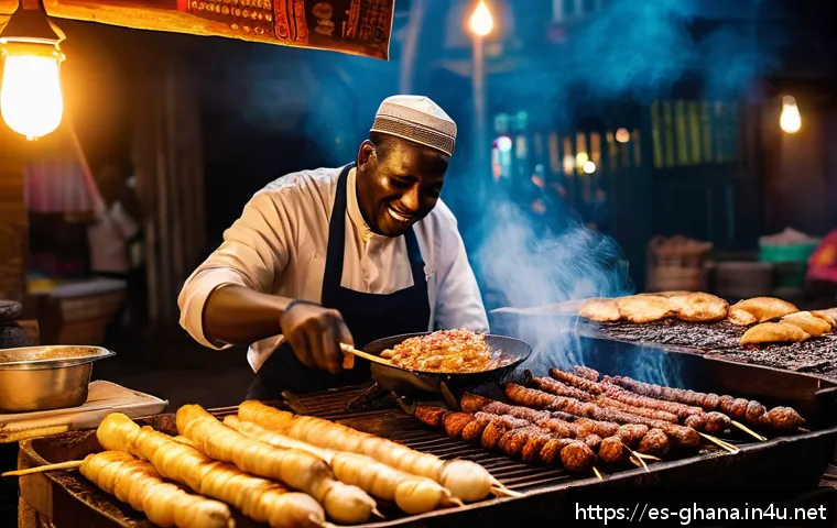 가나 거리 음식 추천 - A bustling Ghanaian street food market scene at dusk, featuring a lively vendor grilling traditional...