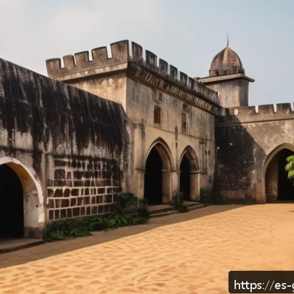 가나의 유네스코 세계문화유산 - A detailed, atmospheric view of Elmina Castle in Ghana at golden hour, showcasing its massive, weath...