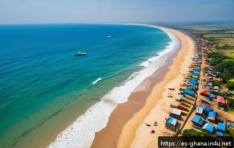 가나에서 드론 촬영이 가능한 지역 - Aerial view of Ghana’s golden sandy coastline under a clear blue sky, capturing the contrast between...