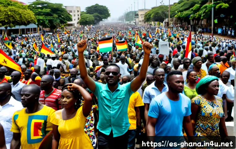 가나에서 벌어진 대규모 시위 - Photorealistic wide-angle documentary scene of a large peaceful public demonstration in Accra, Ghana...