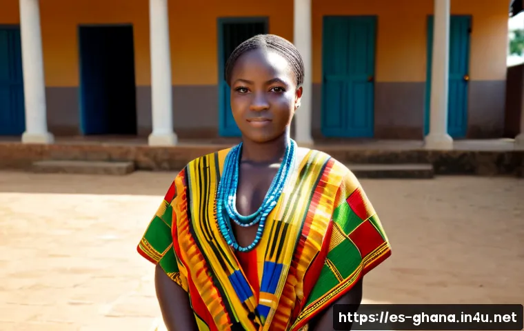 가나 전통 의상 켄테의 의미 - Photorealistic cultural portrait of a Ghanaian woman wearing an elegant, fully modest kente cloth dr...